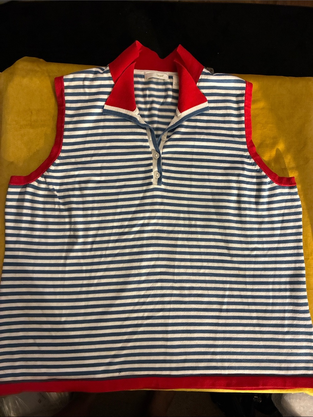 Sleeveless Striped Polo Top - Blue & White with Red Trim